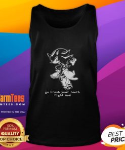 Funny hedgehog graphic on a tank top with 'Go Brush Your Teeth Right Now' text, perfect for quirky fashion lovers.