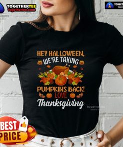 Funny Halloween 'We're Taking Pumpkins Back' Thanksgiving ladies tee featuring playful pumpkin graphics and vibrant colors.