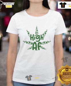 Funny High AF Cannabis Leaf Ladies Tee featuring a vibrant green leaf design, perfect for cannabis enthusiasts.