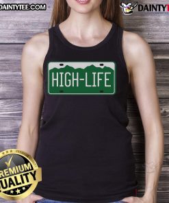 Alt Text: Funny High Life license plate tank top featuring a humorous design perfect for summer outings and casual wear.