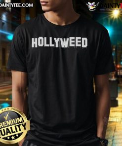 Funny Hollyweed Hollywood Sign Parody T-Shirt featuring a playful twist on the iconic landmark design.