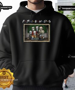 Funny horror friends hoodie featuring mashup of iconic scary movie characters in a playful parody design.