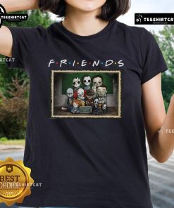 Alt Text: Funny horror mashup of iconic scary movie characters on a ladies tee, perfect for friends who love parodies.