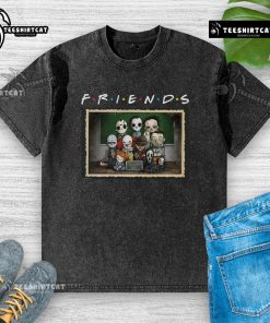 Alt Text: Funny horror friends parody t-shirt featuring iconic scary movie characters in a humorous mashup design.