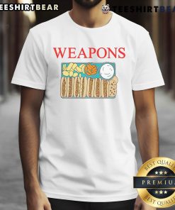 Funny Hot Dog Feast Weapons T-Shirt featuring humorous food graphics for BBQ lovers and summer gatherings.