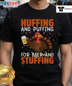 Funny huffing and puffing Thanksgiving turkey drinking t-shirt featuring a humorous design for beer lovers.