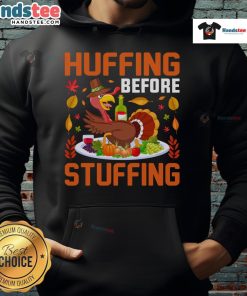 Funny Huffing Before Stuffing Thanksgiving hoodie featuring a whimsical turkey and wine humor design for holiday cheer.