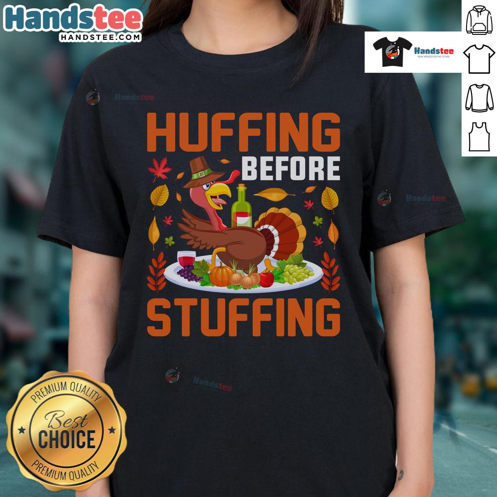 Funny Huffing Before Stuffing Thanksgiving Drunk Turkey Wine Humor Ladies Tee Funny Thanksgiving tee featuring a humorous design of a turkey and wine, perfect for ladies celebrating with laughter.