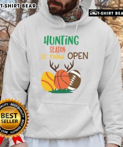 Funny hunting season is now open hoodie featuring sports balls and antlers, perfect for outdoor enthusiasts.