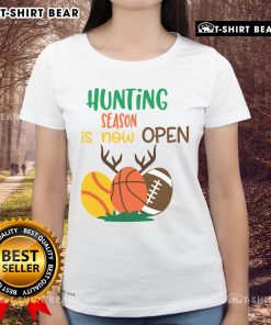 Funny hunting season is now open tee featuring sports ball and antlers, perfect for ladies who love outdoor humor.