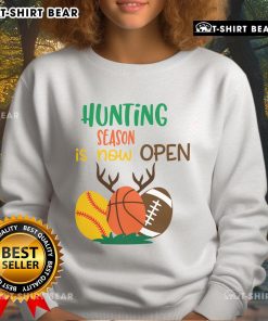 Funny hunting season sweatshirt with sports ball and antlers design, perfect for outdoor enthusiasts and hunters.