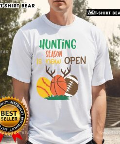 Funny Hunting Season Is Now Open T-Shirt featuring sports ball and antlers design, perfect for outdoor enthusiasts.