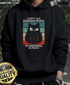Grumpy Cat on a hoodie with 'I Don't Like Morning People' text, perfect for those who dislike mornings. Funny design!