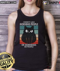 Grumpy cat on a champion tank top with the phrase 'I Don't Like Morning People' for funny morning vibes.