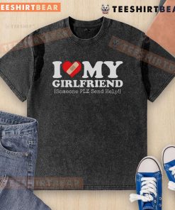 Alt Text: Funny I Love My Girlfriend bandage heart graphic on a washed t-shirt, perfect for casual wear and humor.