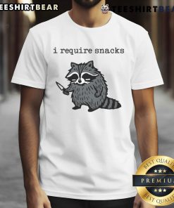Funny I Require Snacks raccoon t-shirt featuring a playful raccoon with a knife, perfect for animal lovers and snack enthusiasts.