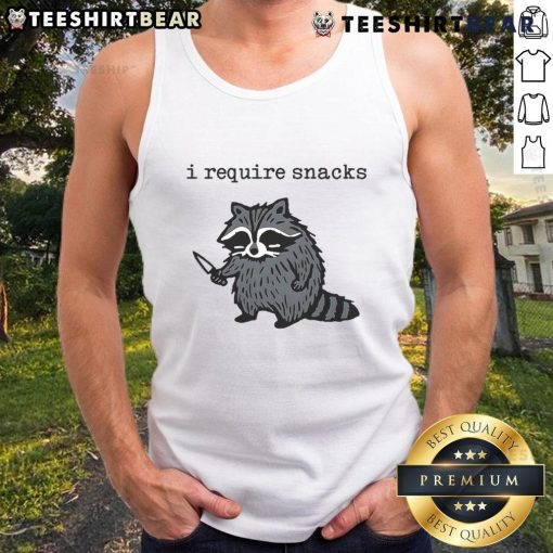 Alt Text: Raccoon holding a knife wearing a tank top with I Require Snacks text, perfect for funny animal lovers.