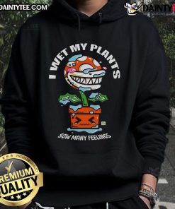Funny 'I Wet My Plants' hoodie featuring a carnivorous pot plant design, perfect for plant lovers and humor fans.