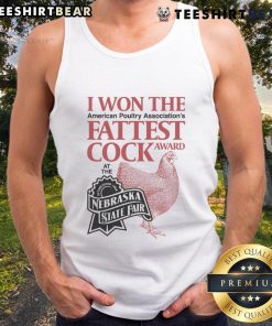 Person wearing a tank top that says 'I Won The Fattest Cock Award' at the Nebraska State Fair, showcasing humor and fun.