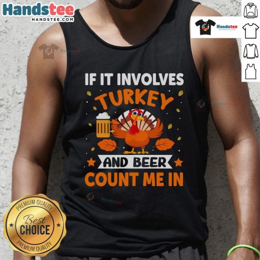 Funny Thanksgiving tank top featuring turkey and beer design, perfect for holiday celebrations and festive drinking.