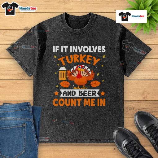 Funny Thanksgiving t-shirt featuring turkey and beer design, perfect for holiday drinking celebrations.