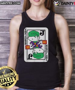 Funny joker card graphic featuring a bang gun on a cartoon tank top design, perfect for playful and quirky fashion.