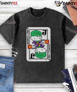 Alt Text: Funny Joker card design with a bang gun on a cartoon-style washed t-shirt, perfect for casual and playful outfits.