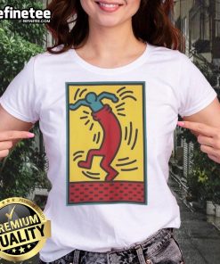 Alt Text: Funny Keith Haring Untitled 24 Dance Meme Ladies Tee featuring vibrant colors and playful dancing figures.