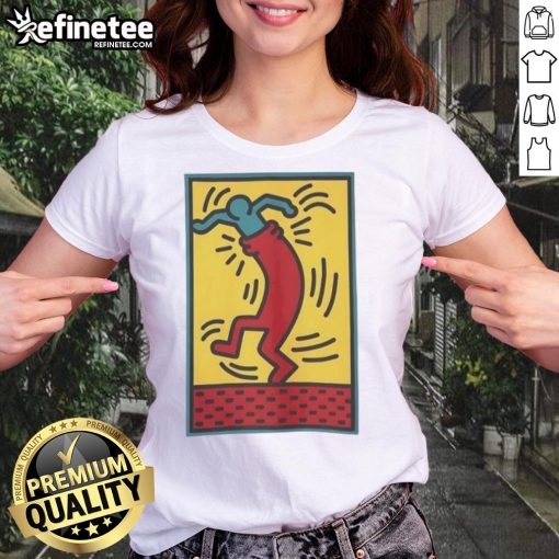 Alt Text: Funny Keith Haring Untitled 24 Dance Meme Ladies Tee featuring vibrant colors and playful dancing figures.
