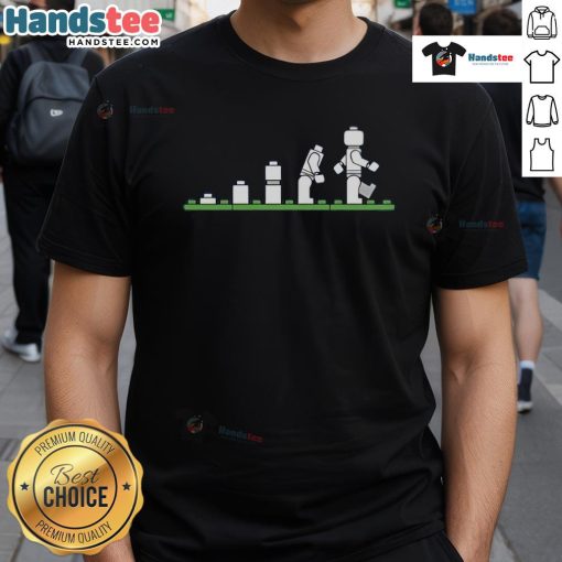 Funny Legolution Human Evolution Lego T-Shirt featuring playful Lego figures illustrating evolution humor.