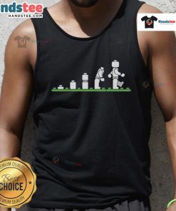 Funny Lego tank top featuring humorous human evolution graphic with Lego figures in a playful design.