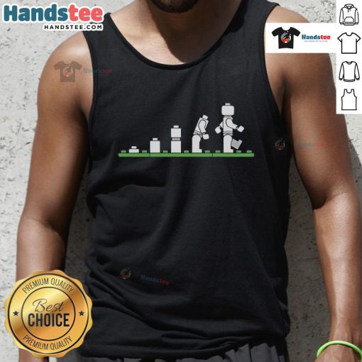 Funny Lego tank top featuring humorous human evolution graphic with Lego figures in a playful design.