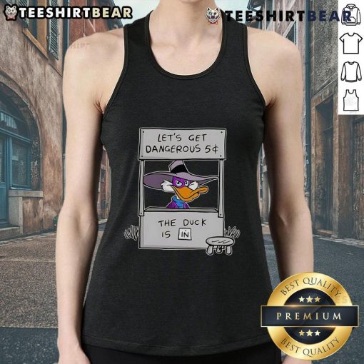 Funny 'Let's Get Dangerous' duck in tank top, showcasing humor and style with a playful vibe.