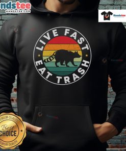 Funny live fast eat trash raccoon hoodie design featuring a vintage sunset backdrop for a quirky, stylish look.