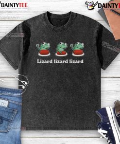 Funny lizard meme printed on a washed t-shirt, showcasing a quirky weirdcore design for lizard lovers.