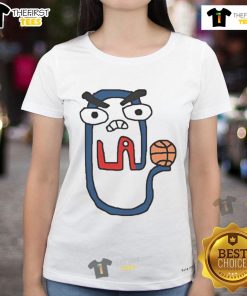 Funny Los Angeles Clippers clip art on a ladies tee, featuring playful graphics and vibrant colors for basketball fans.