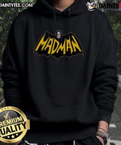 Funny mad man wearing a Batman logo hoodie, showcasing a humorous take on superhero fashion.
