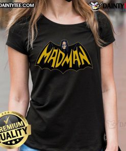 Funny mad man graphic on Batman logo ladies tee, perfect for comic fans and casual wear. Stylish and humorous design.