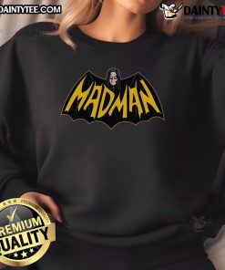 Funny mad man wearing a Batman logo sweatshirt, showcasing a quirky design perfect for comic fans and casual wear.