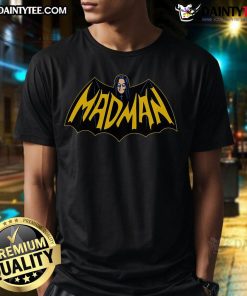 Funny Mad Man Batman Logo T-Shirt featuring a whimsical bat emblem, perfect for comic fans and unique casual wear.
