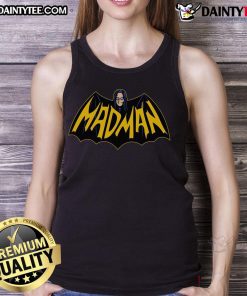 Funny mad man wearing a Batman logo tank top, showcasing a quirky style and humor in casual fashion.