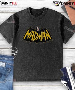 Funny mad man wearing a Batman logo washed t-shirt, showcasing a quirky style and playful humor.