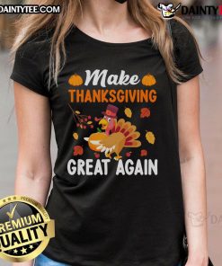 Funny Thanksgiving Make Great Again Tee featuring a turkey and pumpkin, perfect for festive holiday celebrations.