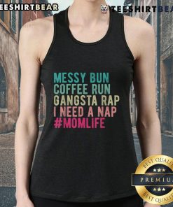 Alt Text: Funny messy bun mom life tank top design perfect for relaxed days, showcasing humor and comfort for busy moms.