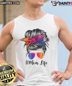 Funny mom life tank top with messy hair bun and tie-dye design, perfect for Mother's Day gifts.