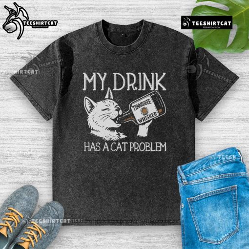 Funny Tennessee Whisker Washed T-Shirt featuring a humorous cat-themed drink design, perfect for cat lovers.