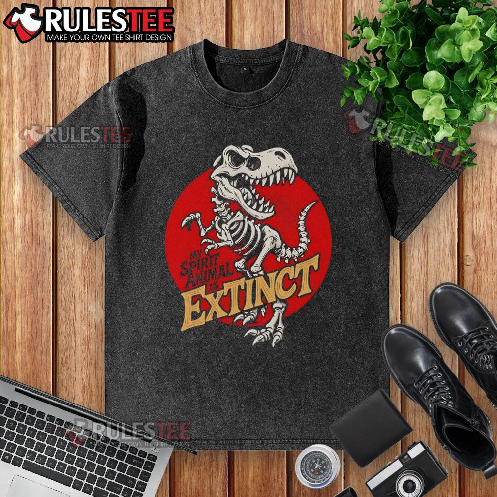 Funny My Spirit Animal Is Extinct T Rex Skeleton Washed T Shirt Alt Text: Funny T-Rex skeleton graphic on a washed t-shirt, perfect for dinosaur lovers who relate to their extinct spirit animal.