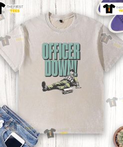 Alt Text: Funny Officer Down DC Sandwich Washed T-Shirt featuring a humorous graphic design for casual wear enthusiasts.