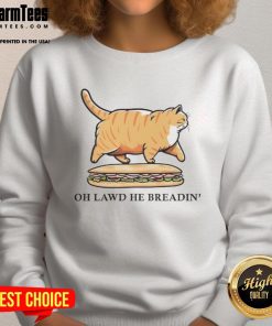 Funny chonky orange cat in a sandwich on 'Oh Lawd He Breadin' sweatshirt, Gadsden parody design.