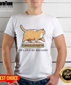 Funny Oh Lawd He Breadin' chonky orange cat sub sandwich parody T-shirt featuring Gadsden flag design.